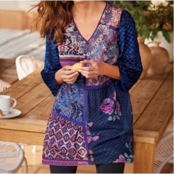 Soft Surroundings Womens XL All Together Colorful Patchwork V-Neck Tunic Boho - Picture 1 of 8